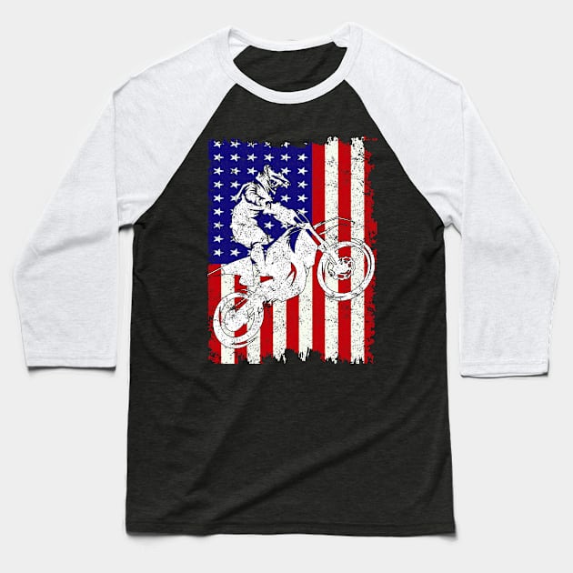 Motocross and Dirt Bike American Flag 4th of July Baseball T-Shirt by amitsurti